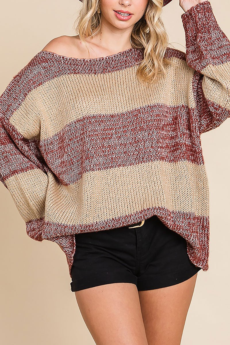 Vintage stripe off shoulder oversized sweater (RSH2467)