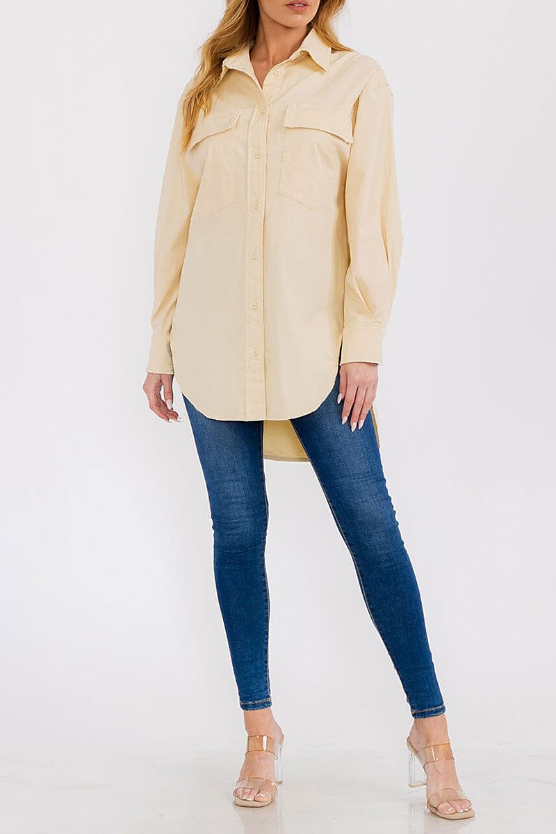 Long sleeve button up front pocket oversized shirt (RVWT7929)