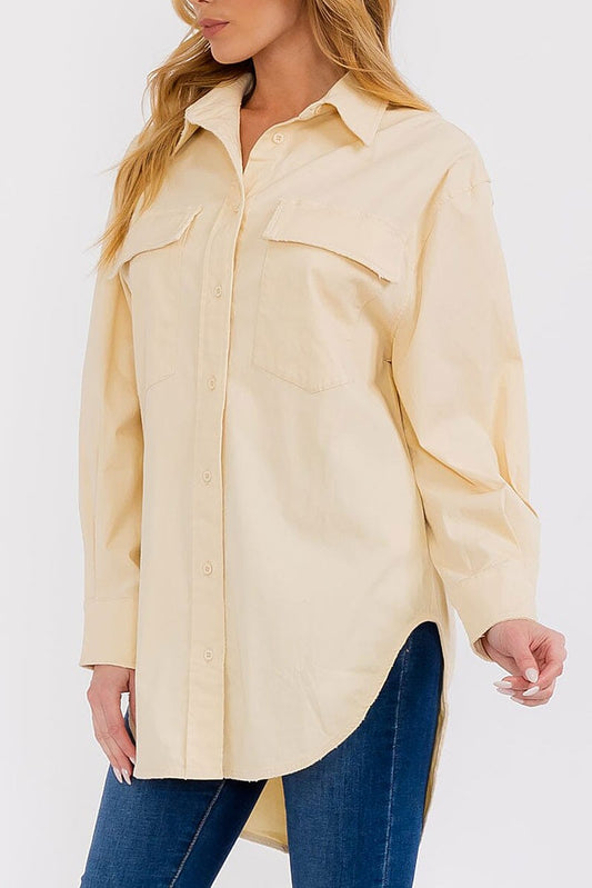 Long sleeve button up front pocket oversized shirt (RVWT7929)