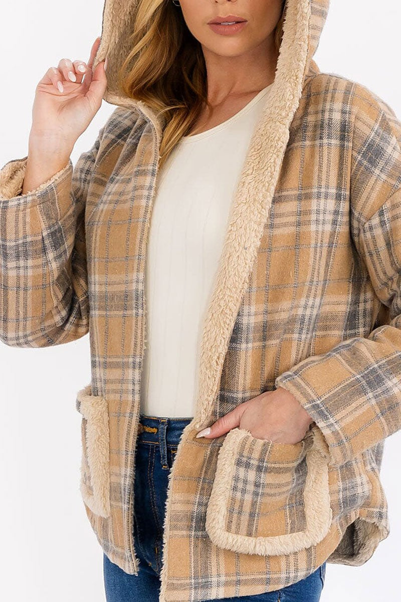 Long sleeve open front hooded plaid sherpa jacket (RVWT7930)