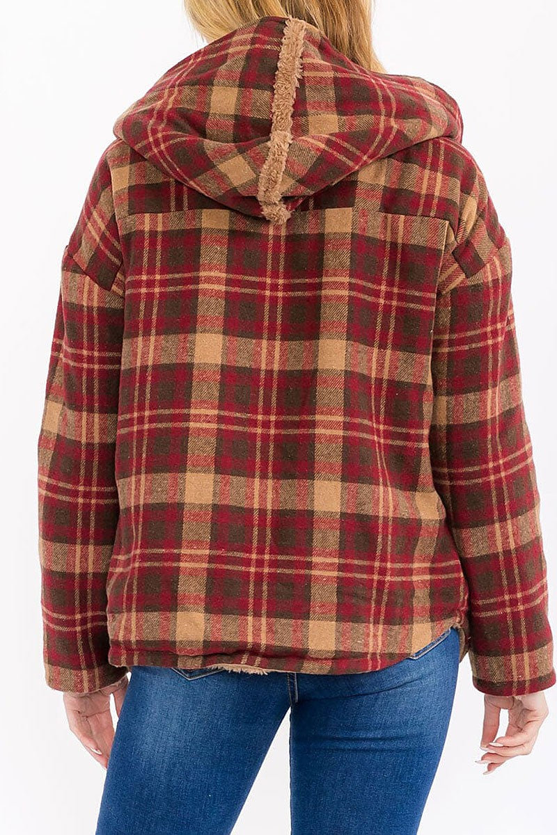 Long sleeve open front hooded plaid sherpa jacket (RVWT7930)