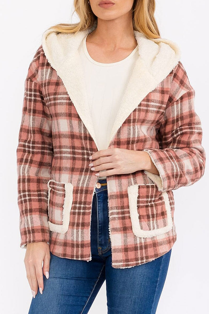 Long sleeve open front hooded plaid sherpa jacket (RVWT7930)