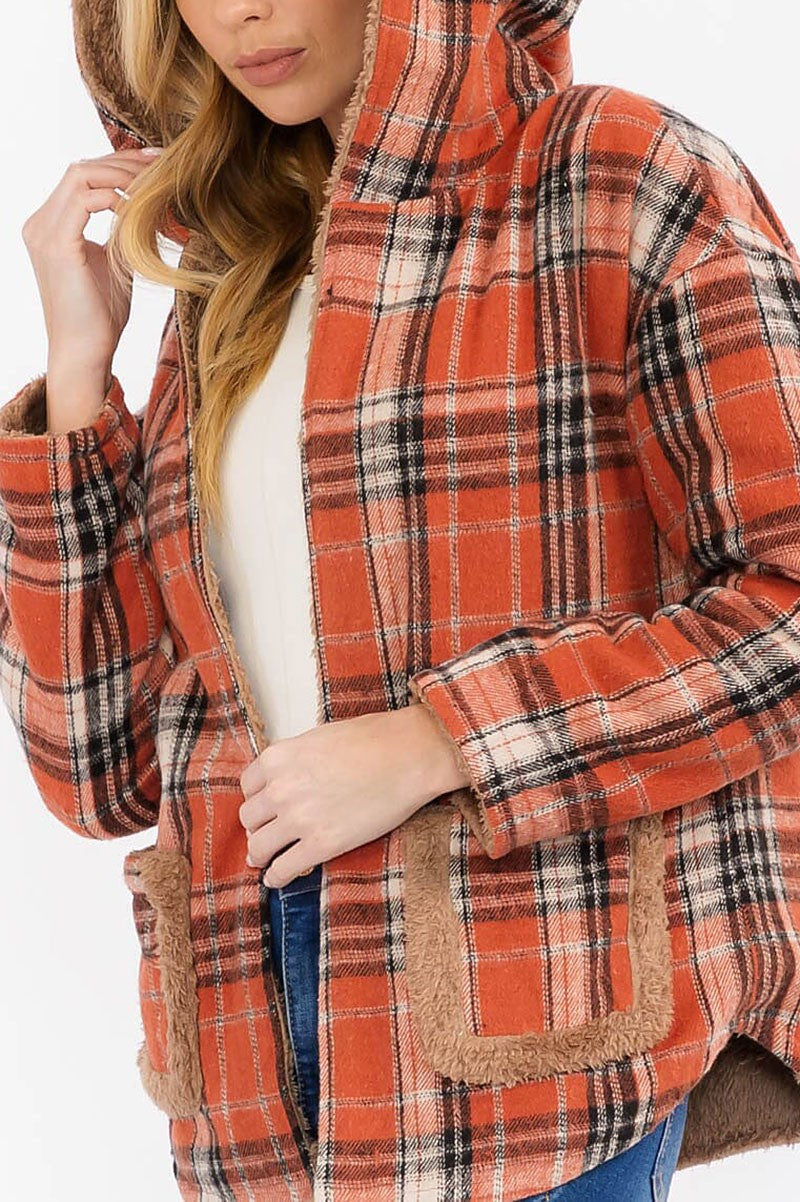 Long sleeve open front hooded plaid sherpa jacket (RVWT7930)