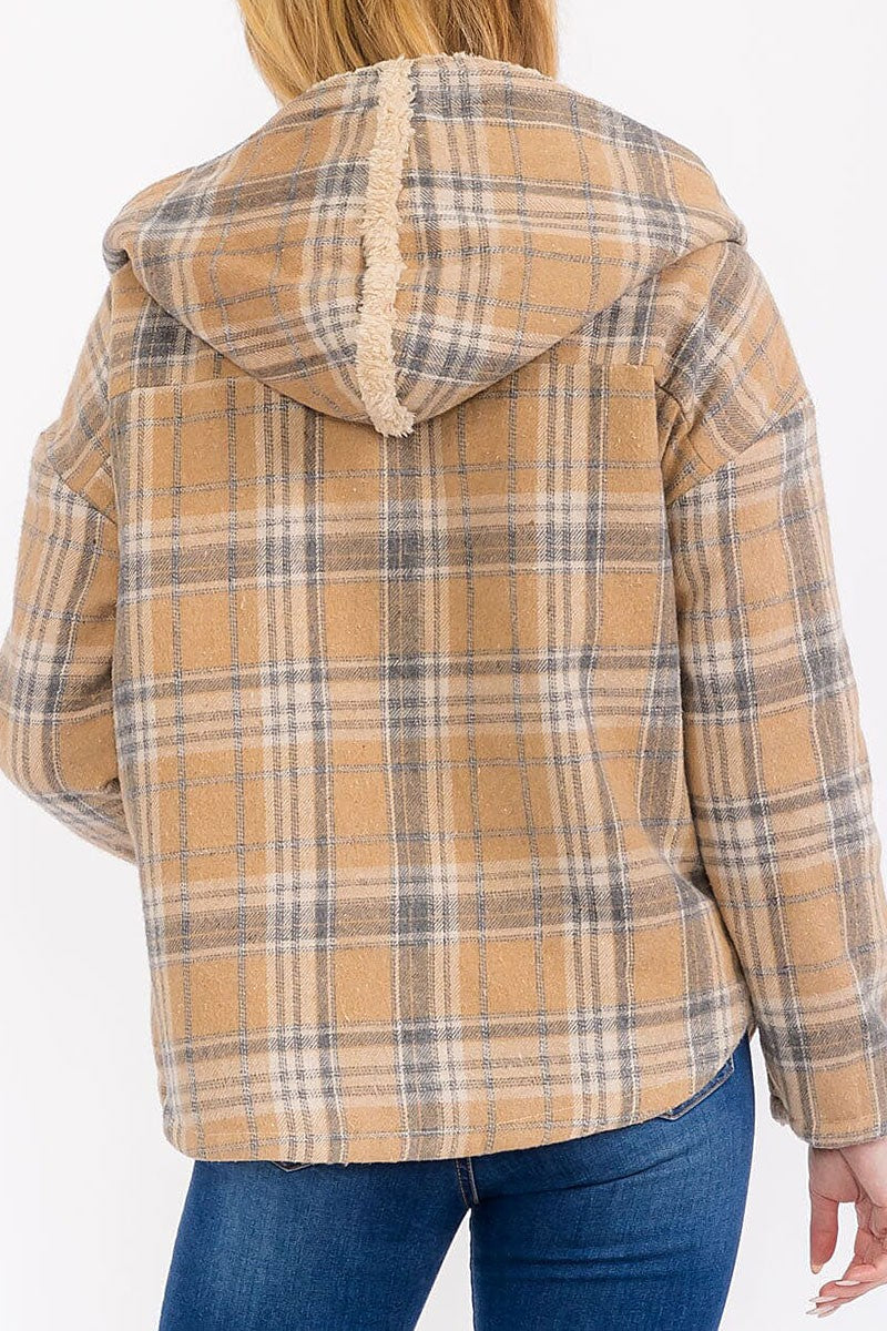 Long sleeve open front hooded plaid sherpa jacket (RVWT7930)