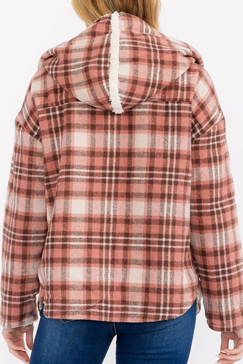 Long sleeve open front hooded plaid sherpa jacket (RVWT7930)