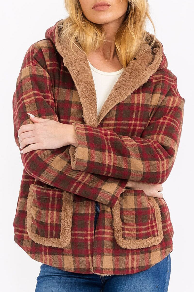 Long sleeve open front hooded plaid sherpa jacket (RVWT7930)