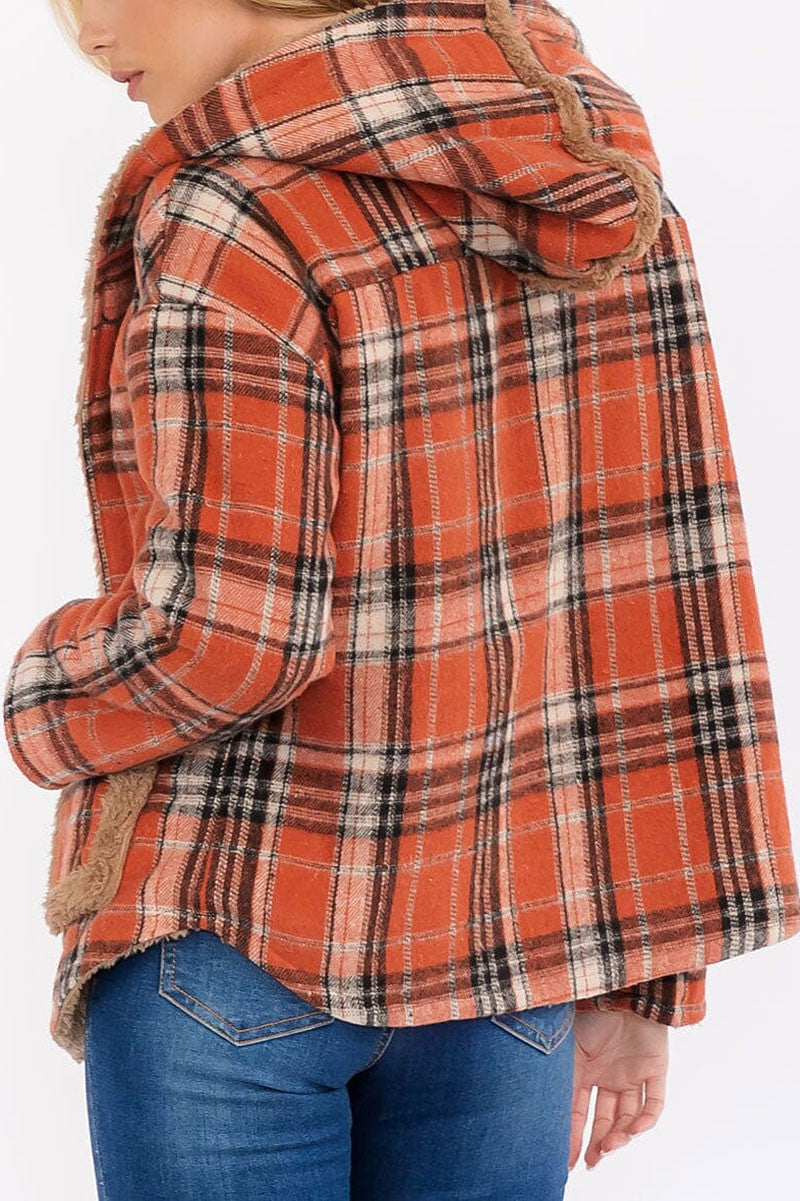 Long sleeve open front hooded plaid sherpa jacket (RVWT7930)