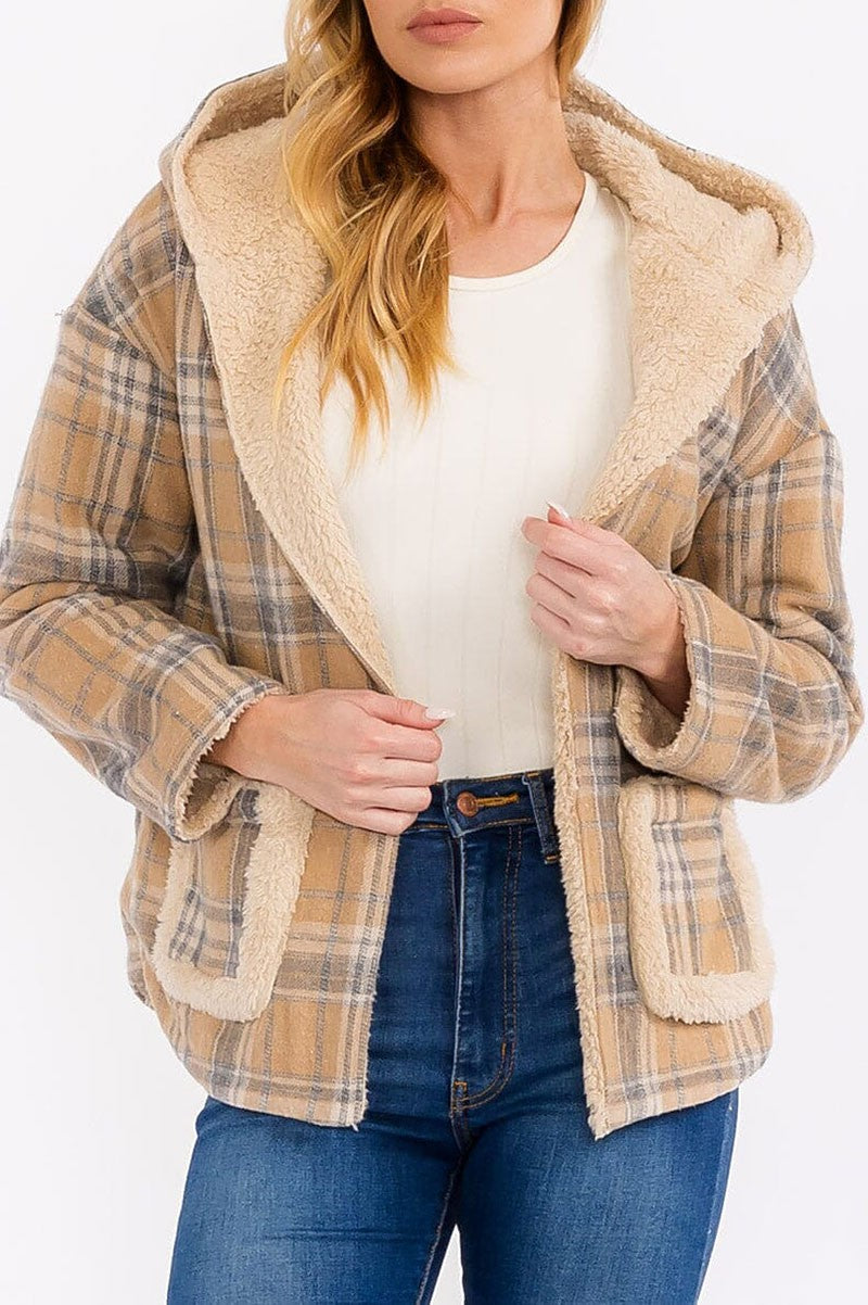 Long sleeve open front hooded plaid sherpa jacket (RVWT7930)