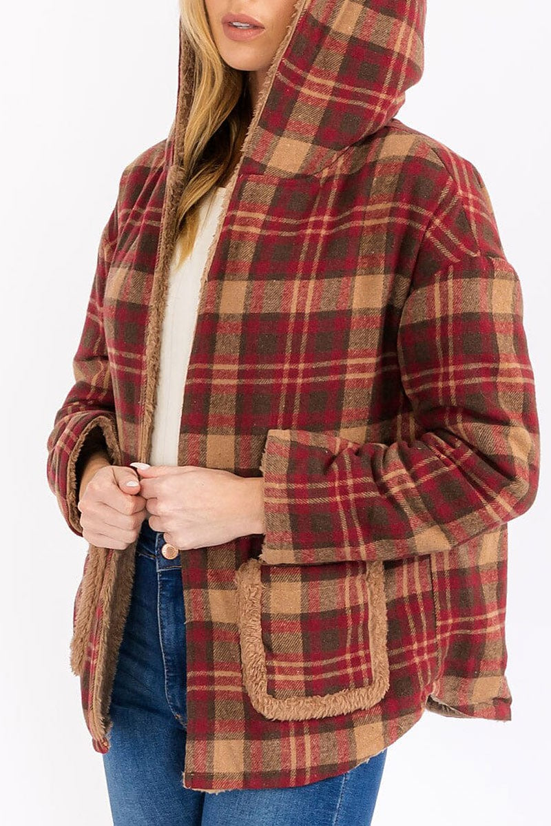 Long sleeve open front hooded plaid sherpa jacket (RVWT7930)