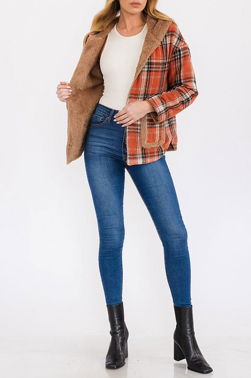 Long sleeve open front hooded plaid sherpa jacket (RVWT7930)