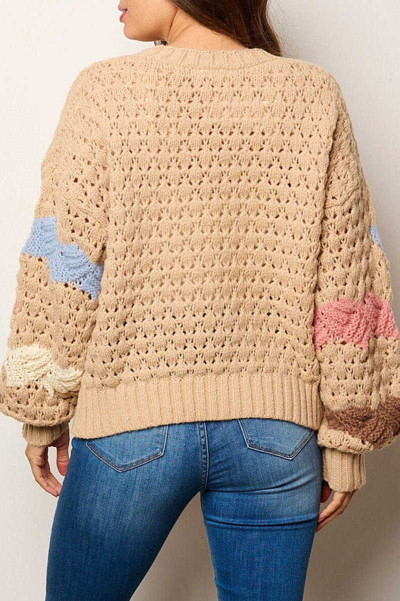 Button up colorblock knit sweater cardigan (RVWT7938)