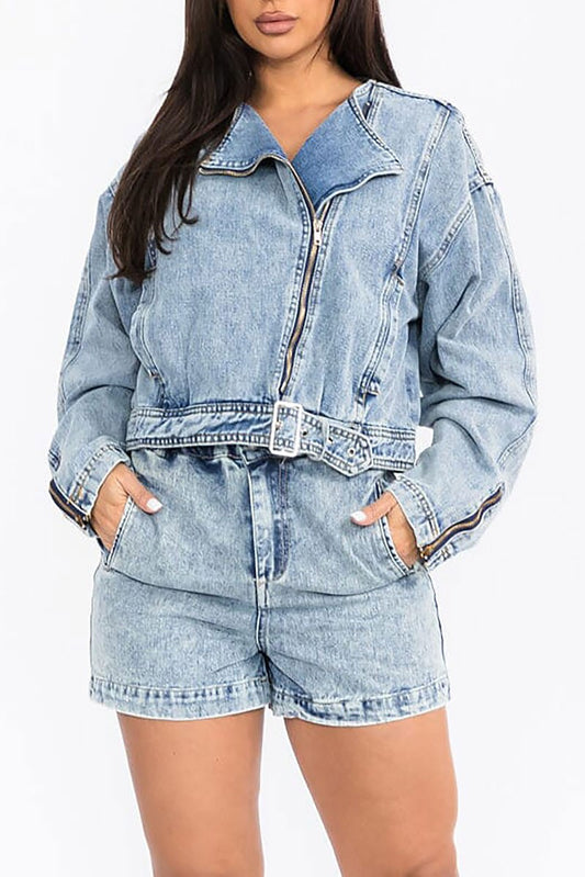 Jacket &amp; button closure shorts denim 2pc. set (RVWT7941)