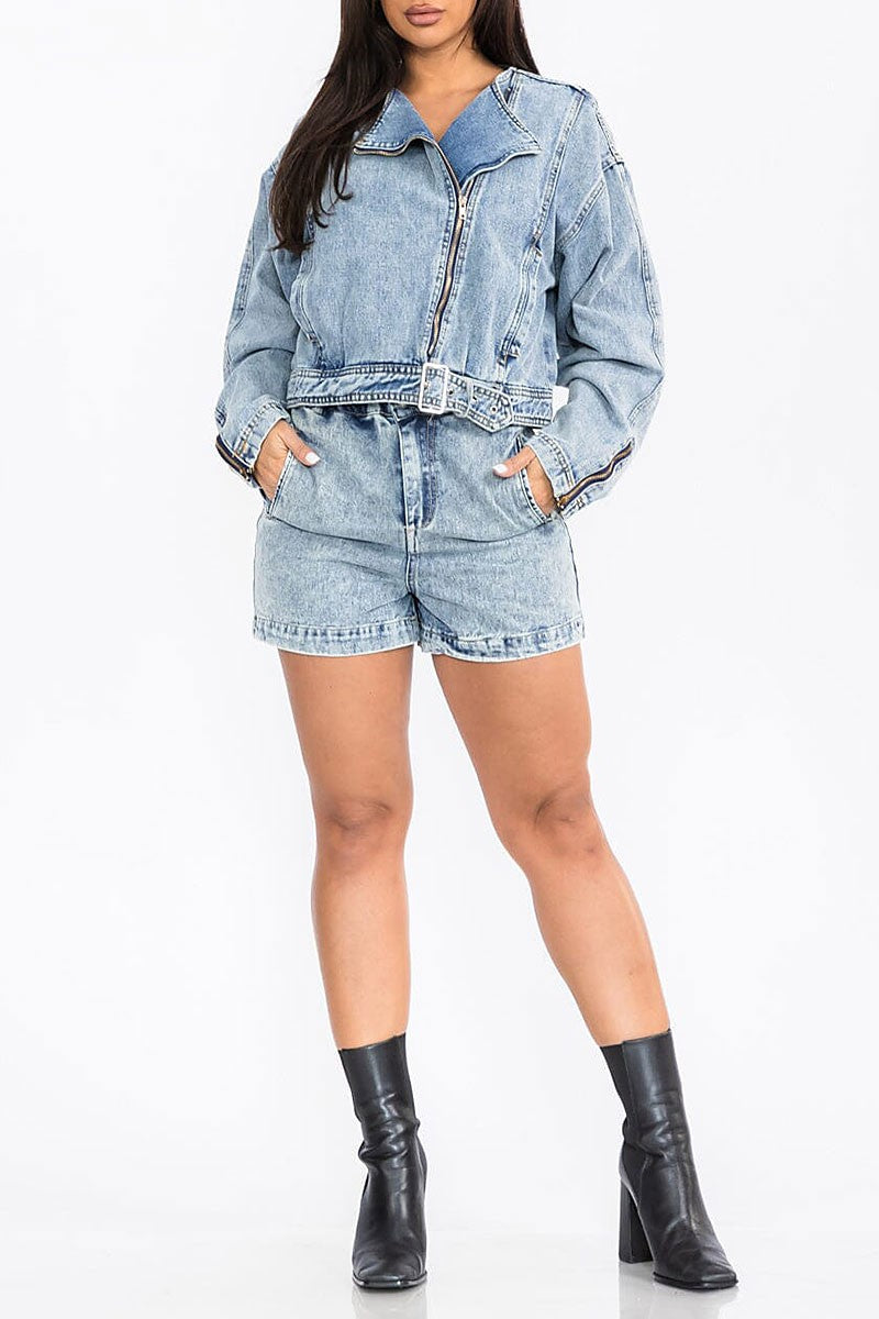 Jacket &amp; button closure shorts denim 2pc. set (RVWT7941)