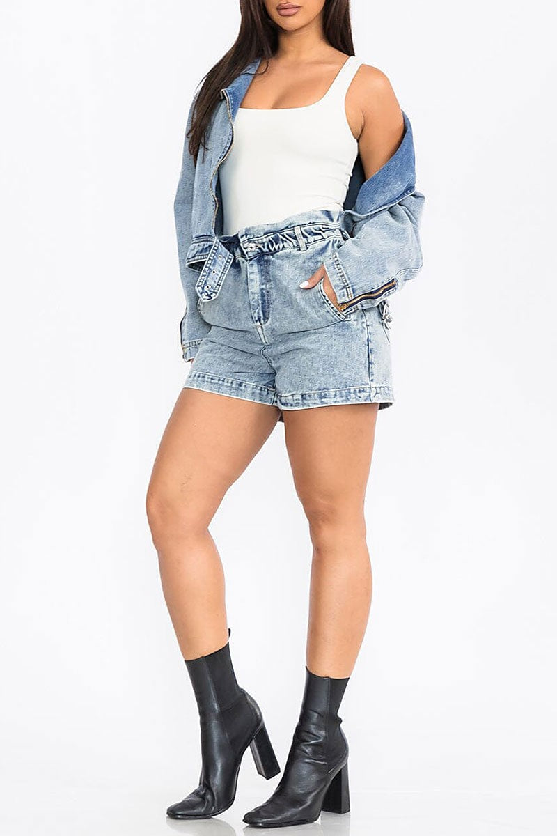 Jacket &amp; button closure shorts denim 2pc. set (RVWT7941)