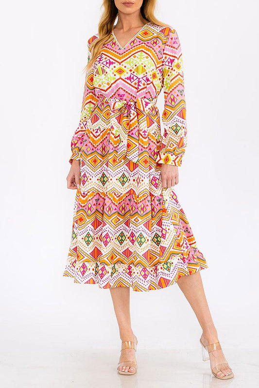 Long sleeve v-neck self tie multi print maxi dress (RVWT7946)