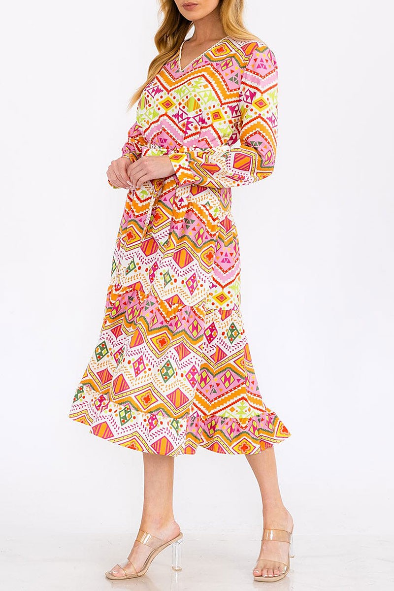 Long sleeve v-neck self tie multi print maxi dress (RVWT7946)