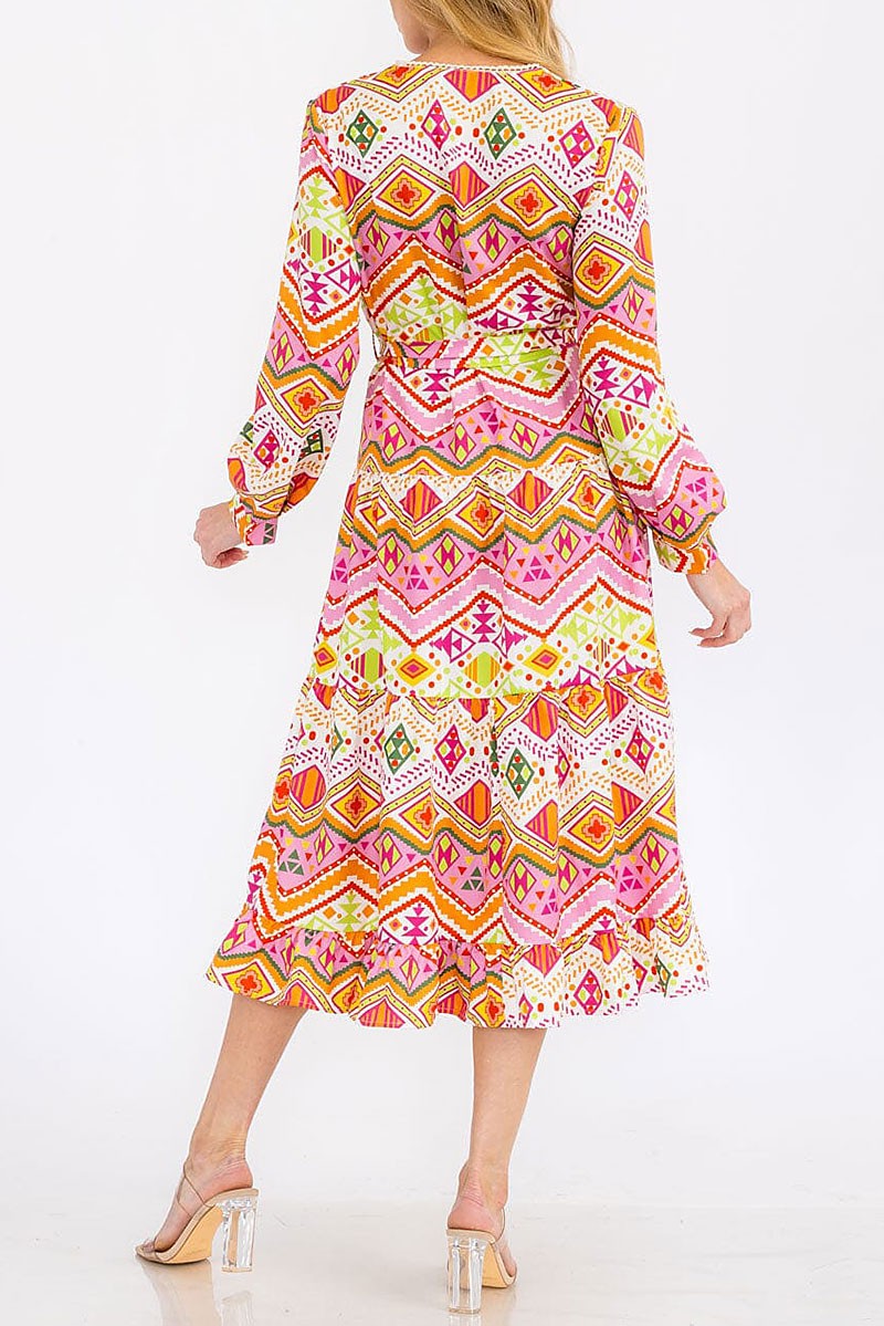 Long sleeve v-neck self tie multi print maxi dress (RVWT7946)