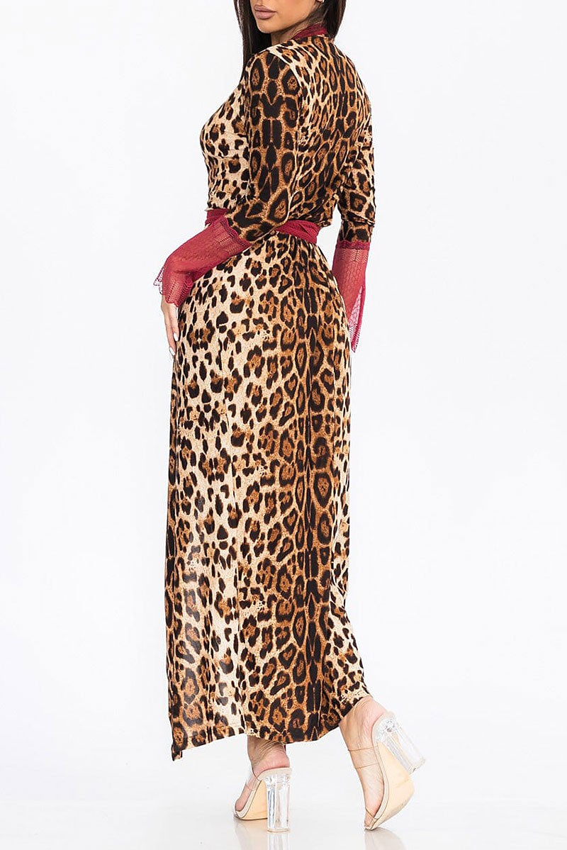 Long sleeve self tie animal print wrap maxi dress (RVWT7951)