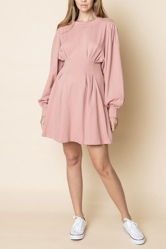 Cuff long sleeves pintuck mini dress (RSSW4927)