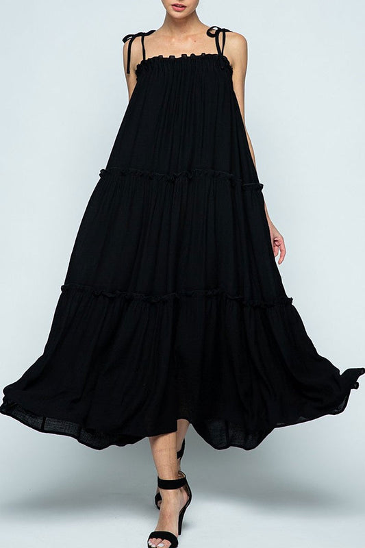 Self-tie spaghetti strap ruffled swing maxi dress (RSSW4929)