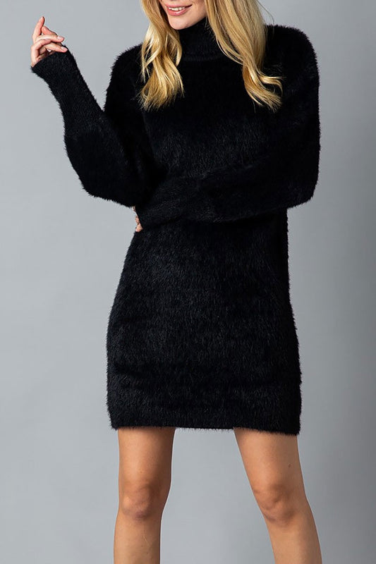 Mockneck long sleeves fuzzy mini dress (RSSW4935)