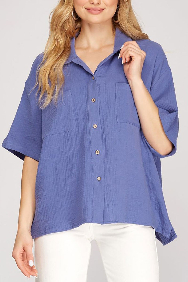 Collared short sleeves button down woven top (RSSW4942)