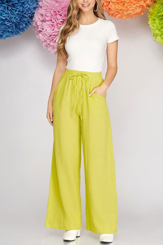 Double gauze elastic waist wide-leg woven pants (RSSW4947)