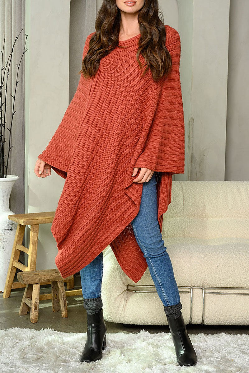 Long sleeve v-neck ribbed pullover poncho (RVWT7965)