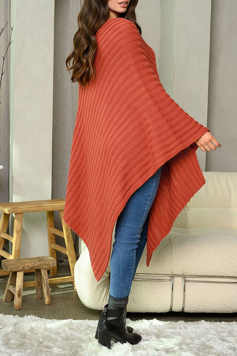 Long sleeve v-neck ribbed pullover poncho (RVWT7965)