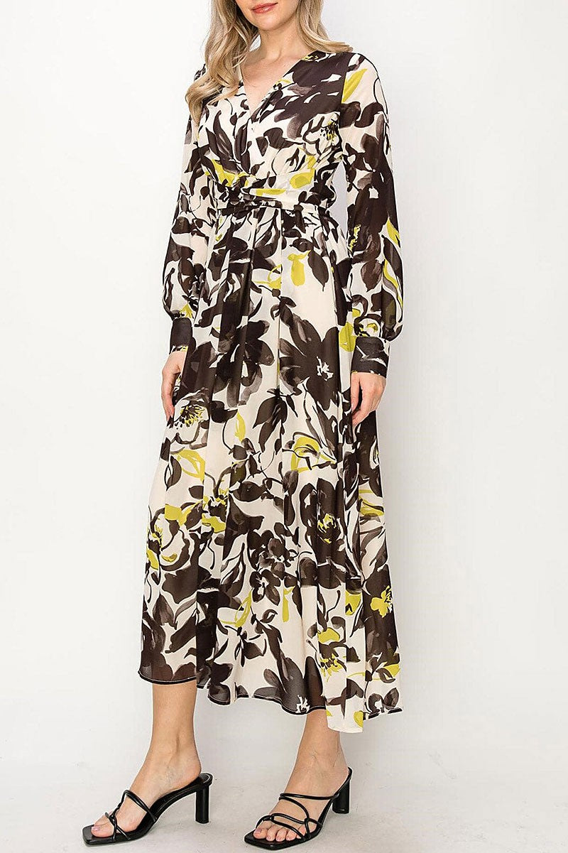 Long sleeve floral print surplice maxi dress (RVWT8022)