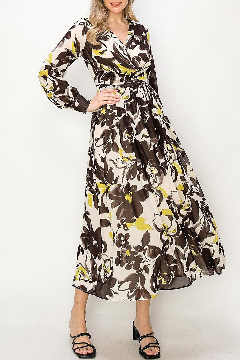 Long sleeve floral print surplice maxi dress (RVWT8022)