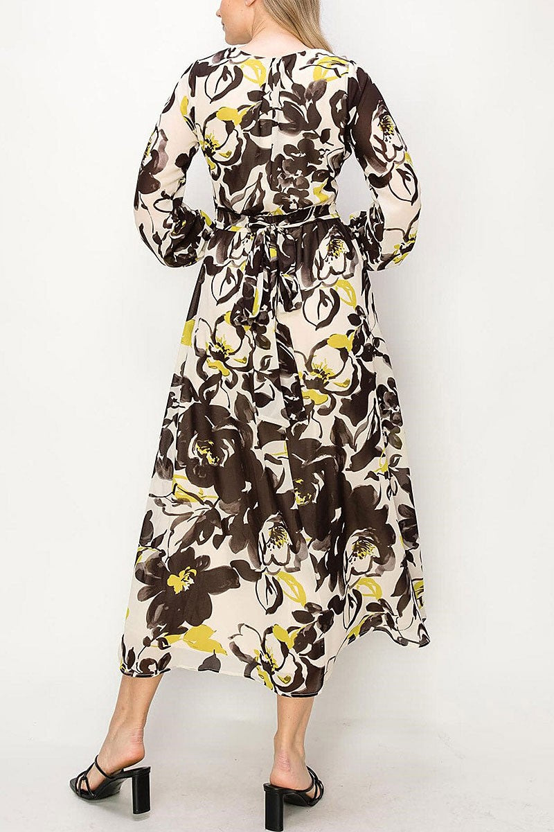 Long sleeve floral print surplice maxi dress (RVWT8022)