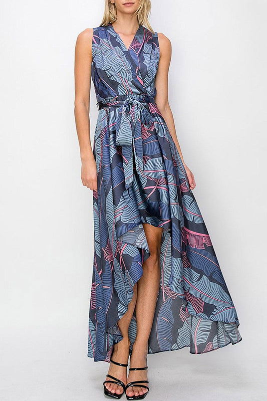 Sleeveless leaf print surplice high-low maxi dress (RVWT8024)