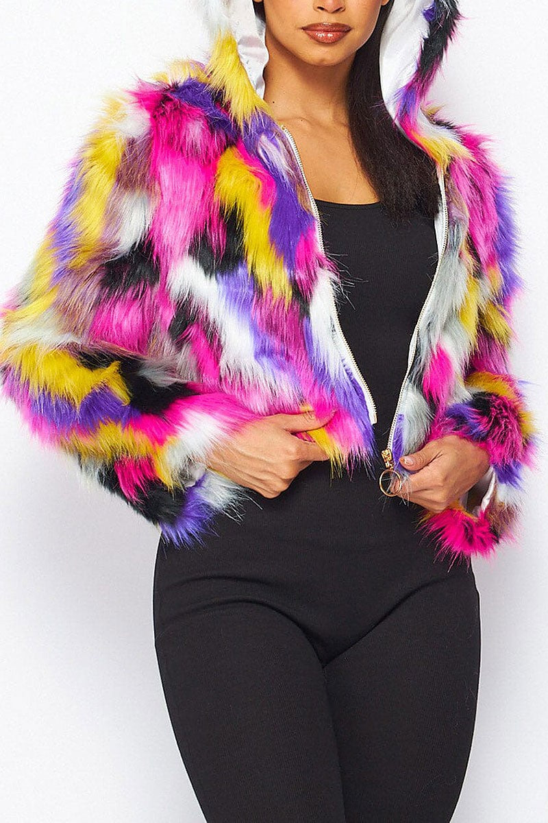 Zip up multi color hooded faux fur jacket (RVWT8029)