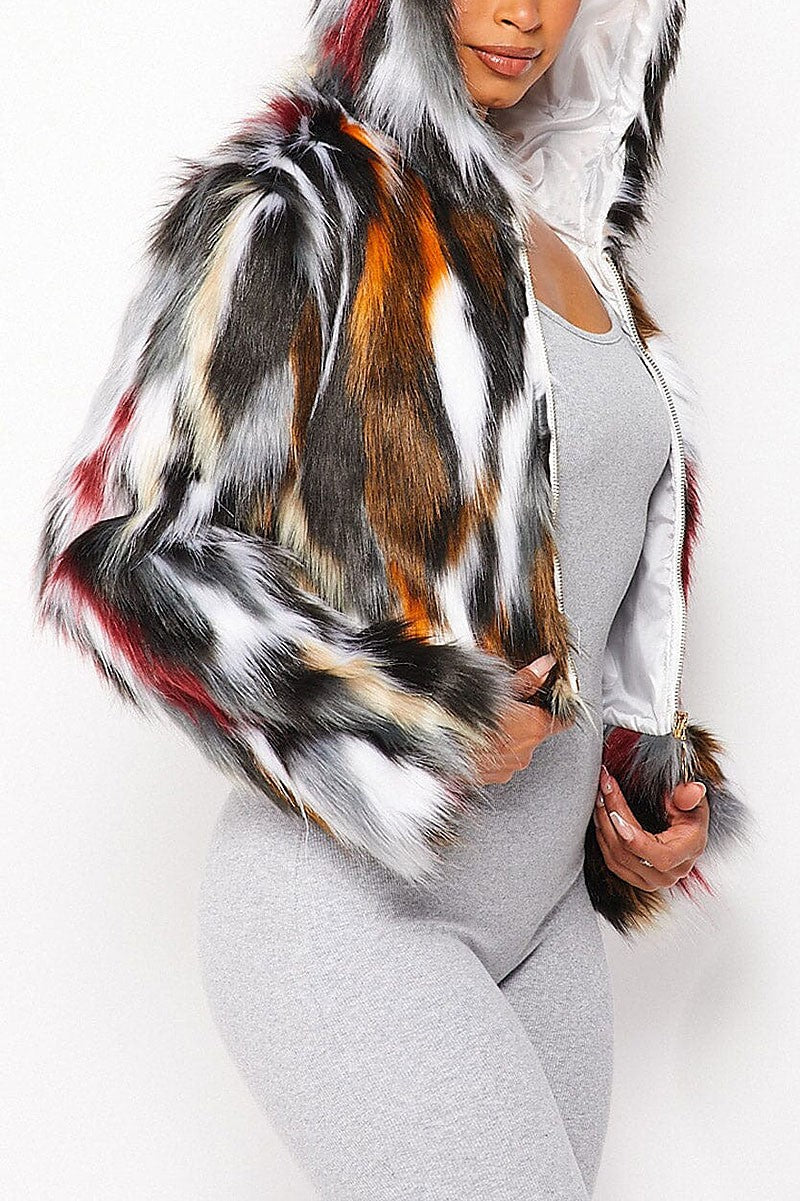 Zip up multi color hooded faux fur jacket (RVWT8029)