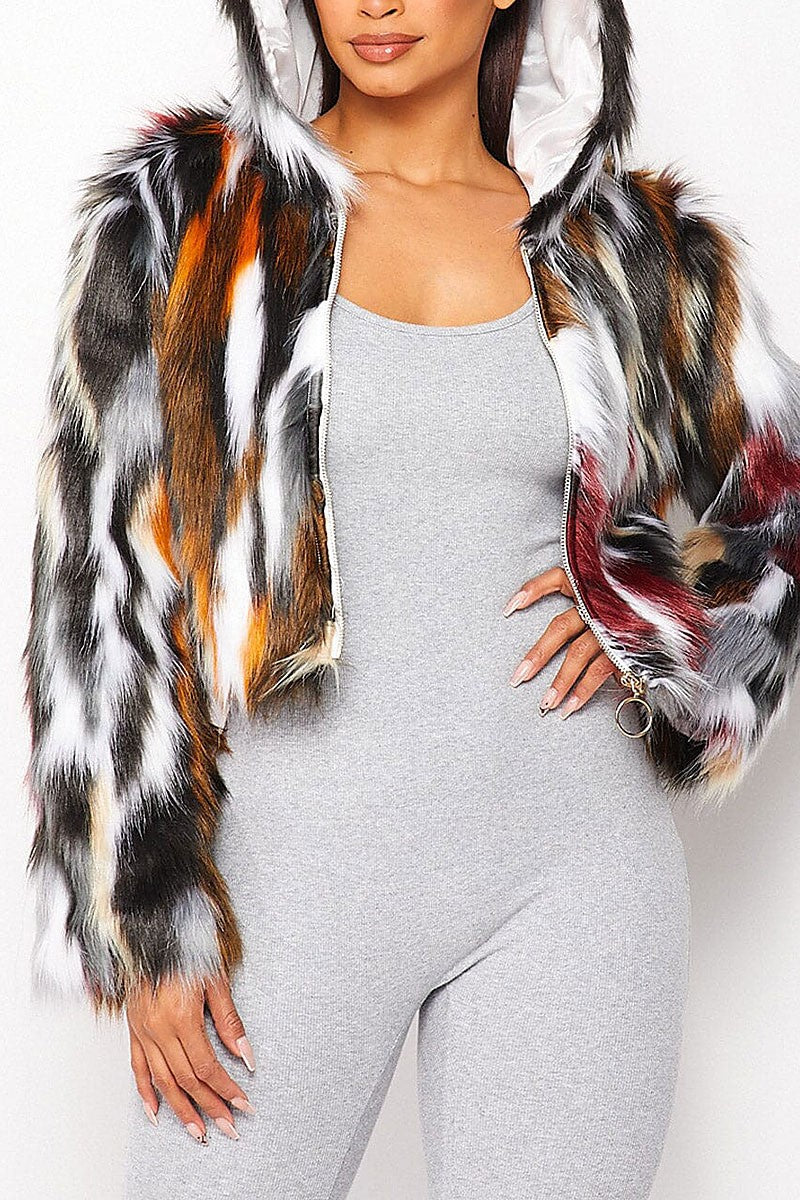 Zip up multi color hooded faux fur jacket (RVWT8029)