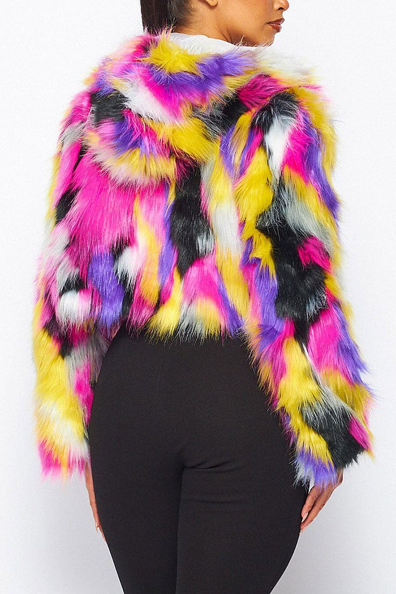 Zip up multi color hooded faux fur jacket (RVWT8029)