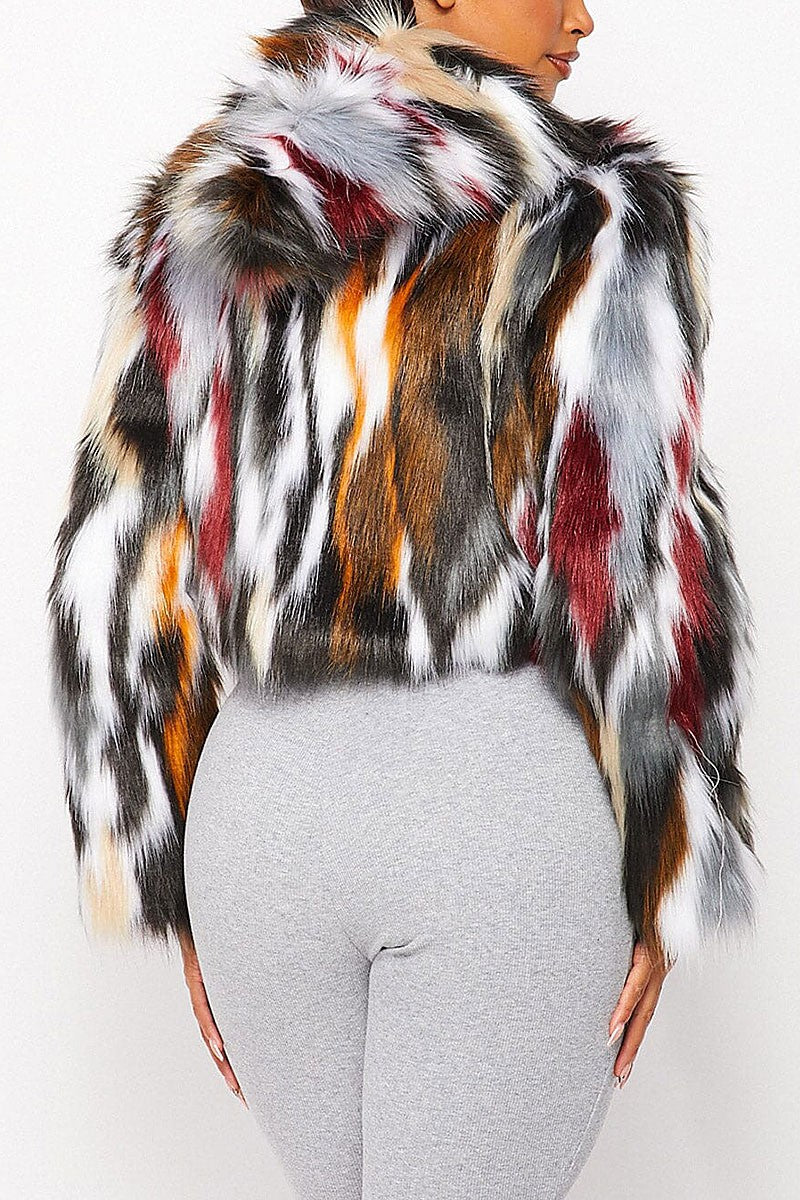 Zip up multi color hooded faux fur jacket (RVWT8029)