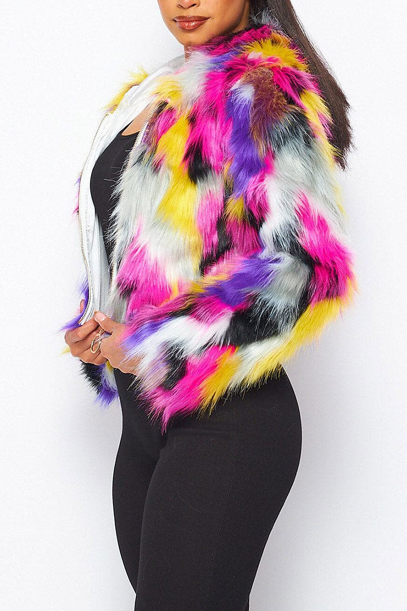 Zip up multi color hooded faux fur jacket (RVWT8029)