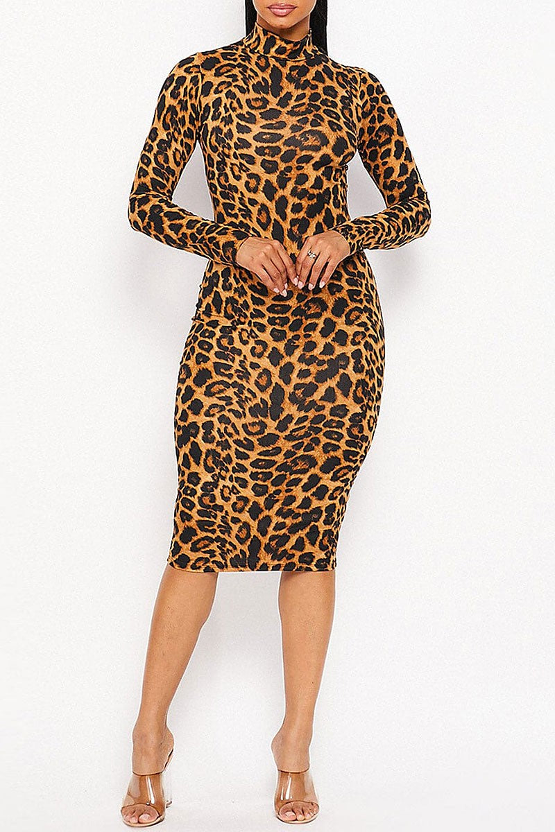 Mock neck bodycon animal print midi dress (RVWT8031)