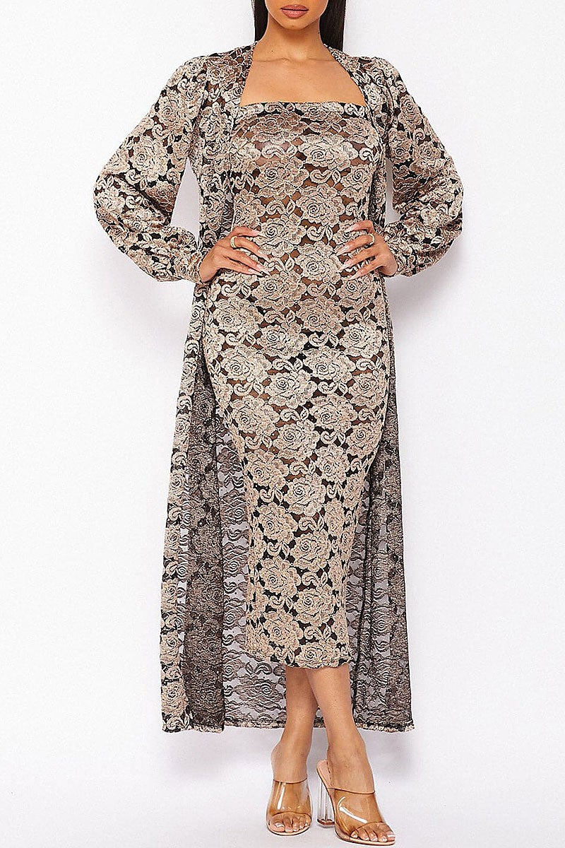 Cardigan &amp; bodycon lace sequins dress 2pc. set (RVWT8033)