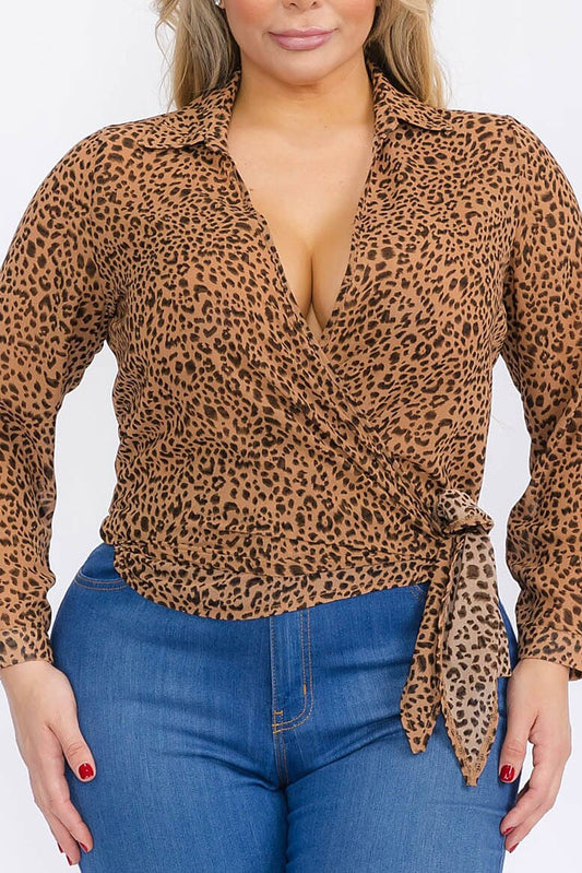 Long sleeve self tie animal print wrap top (RVWT8063)