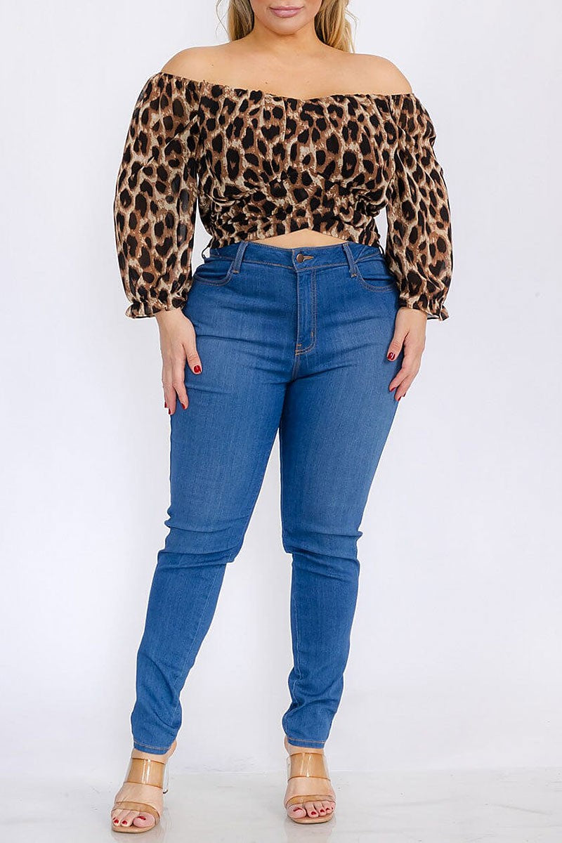 Long sleeve self tie animal print crop top (RVWT8065)