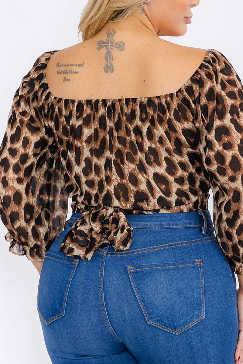 Long sleeve self tie animal print crop top (RVWT8065)