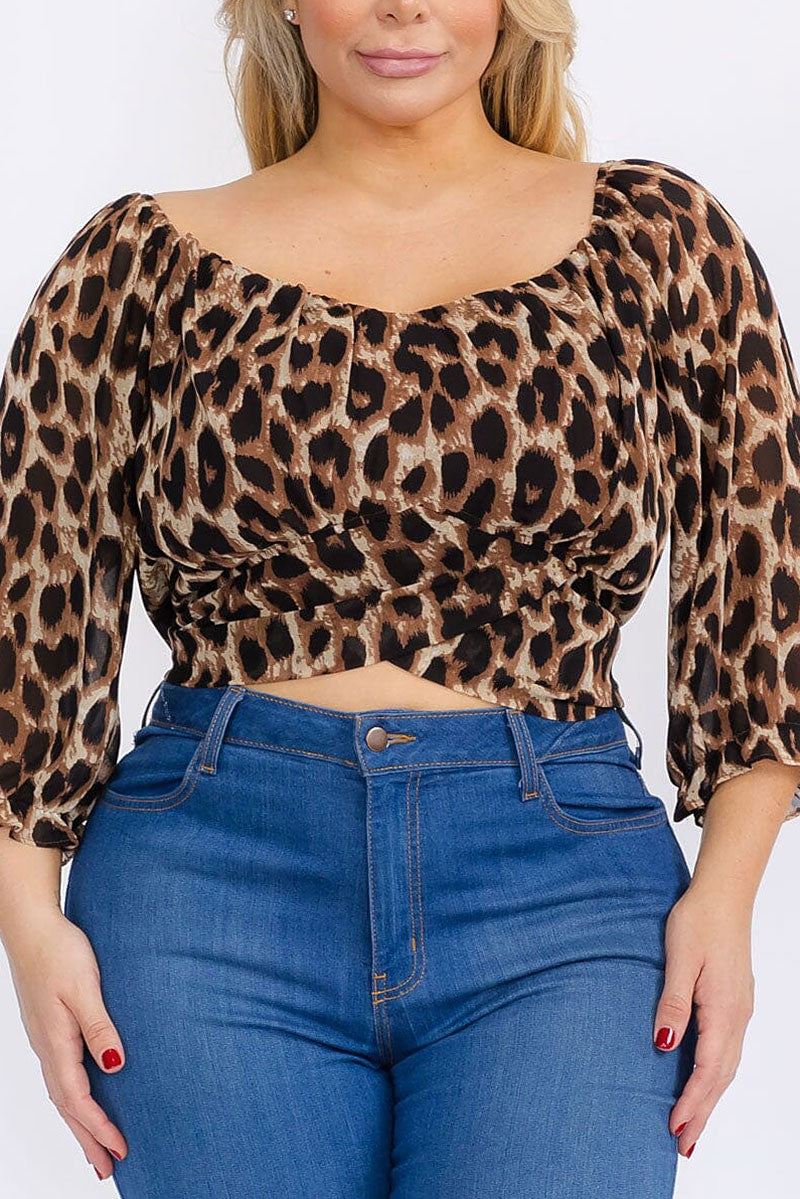 Long sleeve self tie animal print crop top (RVWT8065)