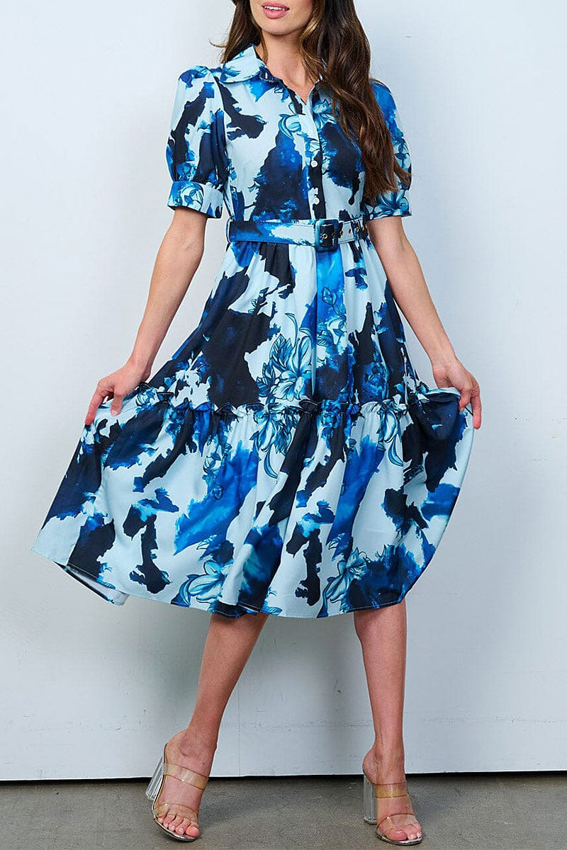 Button up front belt multi print midi dress (RVWT8077)