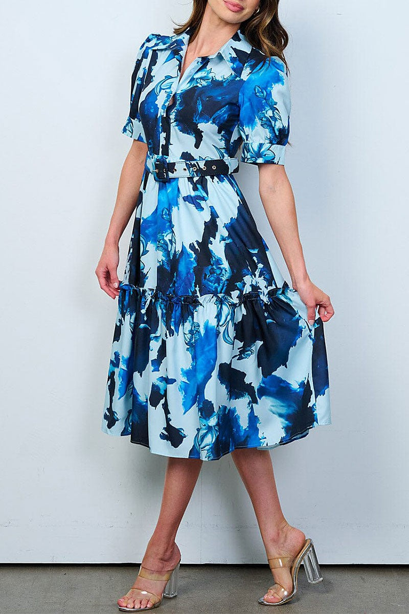 Button up front belt multi print midi dress (RVWT8077)