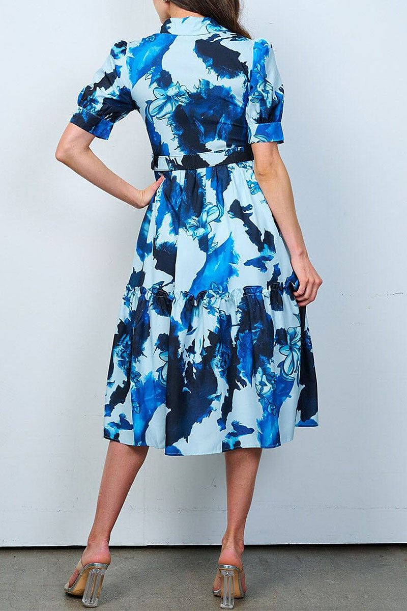 Button up front belt multi print midi dress (RVWT8077)