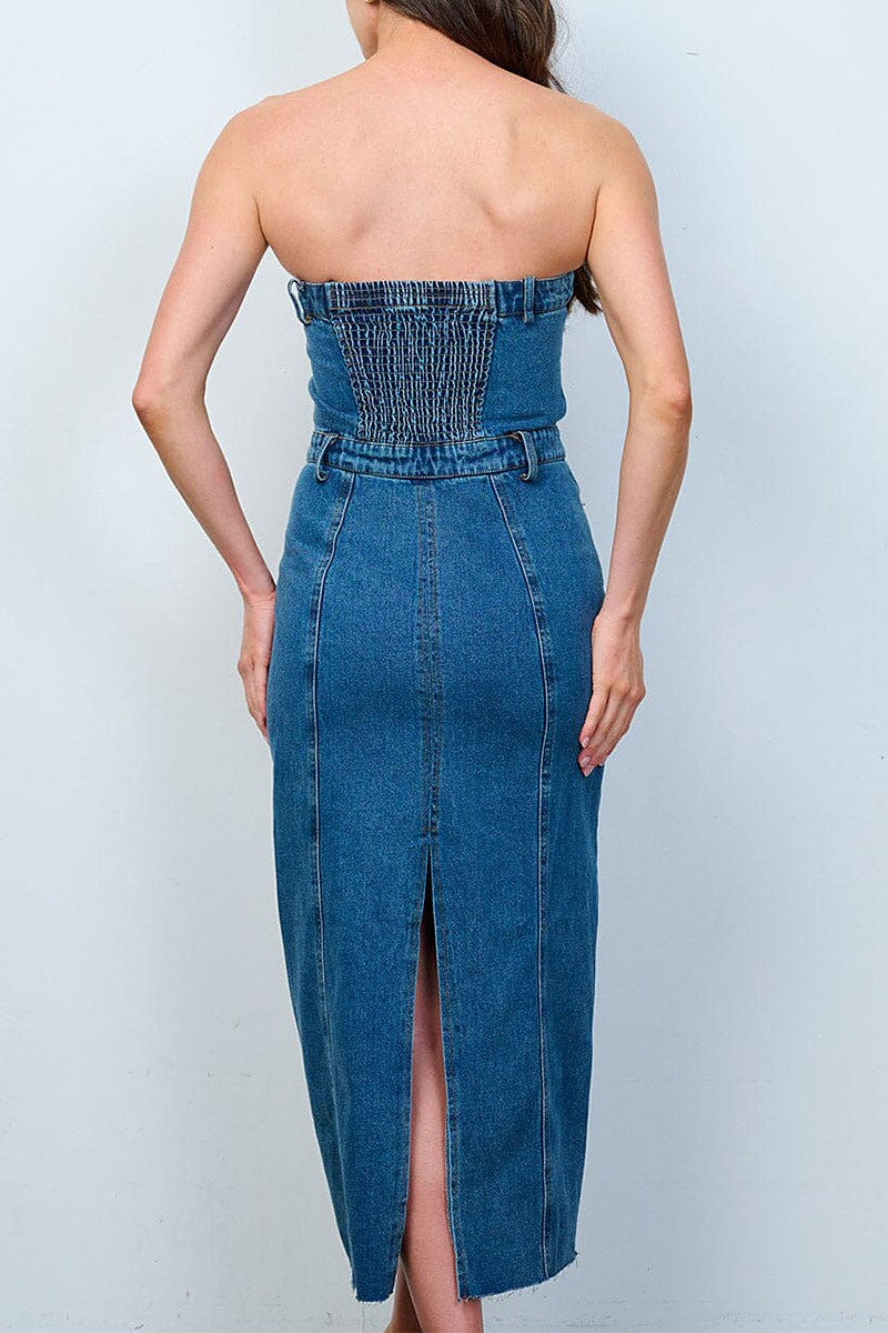 Button up pockets washed tube denim maxi dress (RVWT8078)