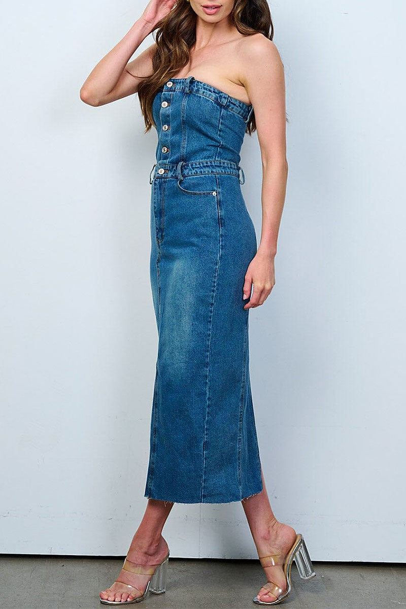 Button up pockets washed tube denim maxi dress (RVWT8078)